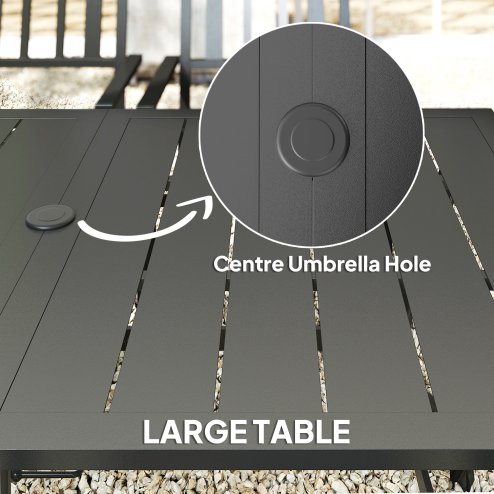 Outsunny 7 Pieces Patio Dining Set, 6 Seater Outdoor Table and Stackable Chairs with Umbrella Hole, Galvanised Steel Frame, Space Saving, for Poolside, Garden, Black