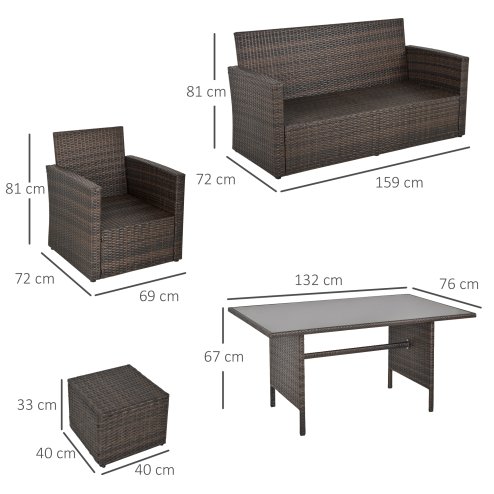Outsunny 6 Pieces Rattan Garden Furniture Set, 7 Seater Wicker Garden Sofa Set with Glass Top Dining Table, Armchairs and Footstools, Outdoor Furniture with Cushions for Patio, Mixed Brown