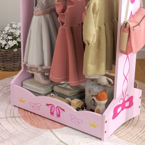 AIYAPLAY Wooden Kids Clothes Rail, Dress Up Rail with Top, Bottom Storage Shelves, for 3 Years+, 70 x 37 x 103cm, Pink