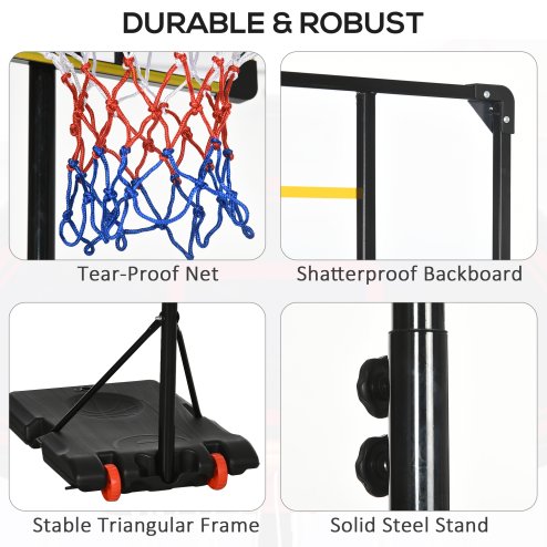 SPORTNOW Height Adjustable, Basketball Hoop and Stand with Firm Backboard and Weighted Base, Portable on Wheels, 1.8-2.1m, Yellow