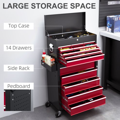 HOMCOM 2 in 1 Rolling Tool Cabinet on Wheels with 14 Drawers, Pegboard and Side Rack, Lockable Top Tool Chest and Roller Cabinet Combo for Workshop and Home, Red