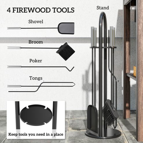 Outsunny 5 Pieces Fireplace Tools Set, Metal Fireplace Accessories Fireside Companion Set with Broom, Shovel, Poker and Bucket, Silver