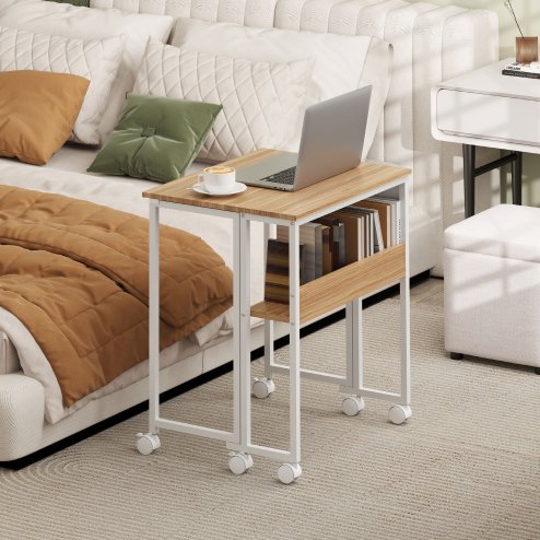 HOMCOM Folding Desk with Storage Shelf and Bag, 63 cm Foldable Computer Desk for Small Spaces, Space Saving Writing Table on Wheels for Home Office, Bedroom, Easy Assembly, Natural Wood Finish