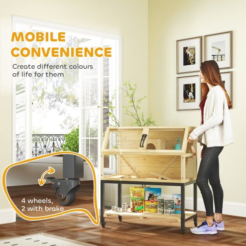 PawHut Hamster Cage, Wooden Gerbil Cage with Storage Shelf, Wheels, Ramps, Water Bottle, Hut, Seesaws, for Dwarf, Syrian, Gerbil