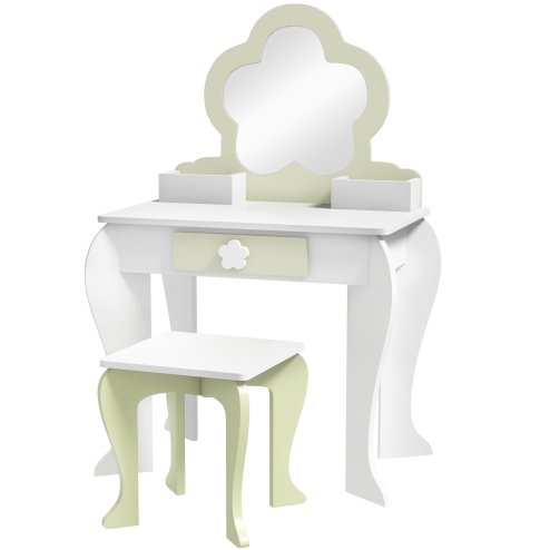 ZONEKIZ Dressing Table with Mirror and Stool, Kids Vanity Table with Drawer, Storage Boxes, Beauty Flower Design Girls Dressing Table for Ages 3-6 Years - White Image