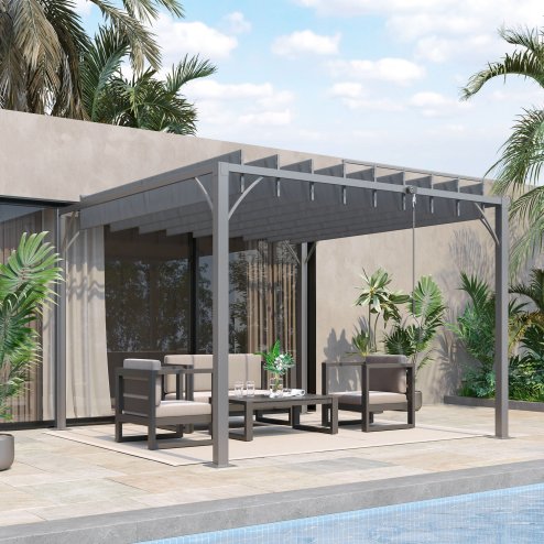 Outsunny 3 x 3(m) Outdoor Louvered Pergola with Adjustable Roof, AluminIum Patio Gazebo Canopy with Ground Stakes for Patio, Lawn, Garden, Grey