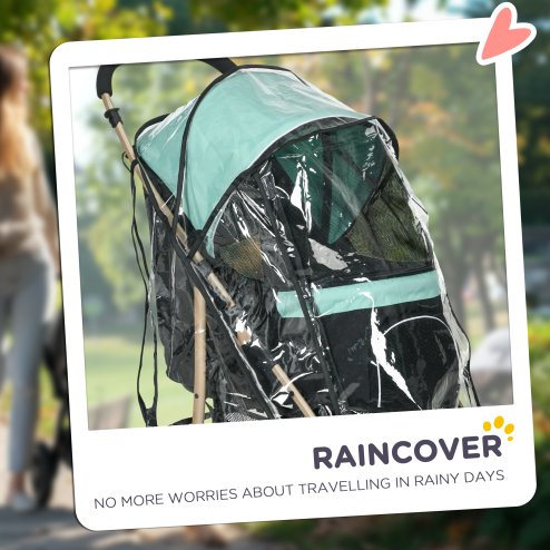 PawHut Dog Stroller with Rain Cover, Foldable Dog Pram, 4 Wheels Pet Pushchair with Safety Leashes, for Small, Miniature Dogs, Cats - Green