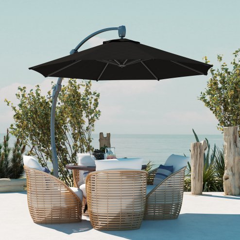 Outsunny 3(m) Garden Cantilever Parasol, Round Overhanging Umbrella with Crank Handle, Cross Base, Aluminium Frame and 360 Rotation, Banana Patio Umbrella for Outdoor Sun Shade, Black