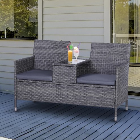 Outsunny 2 Seater Rattan Sofa with Cushions, Wicker Garden Loveseat with Armrests, Outdoor Garden Sofa Couch with Metal Frame for Patio, Mixed Grey Image