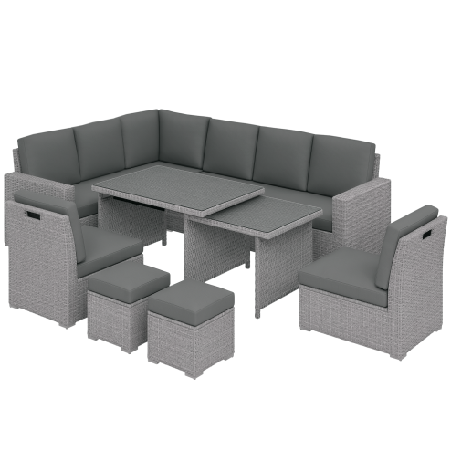 Outsunny 10 Seater Rattan Dining Set with Expandable Table and Nesting Chairs, Rattan Garden Furniture Set with Cushions, Outdoor Dining Table and Chairs, Sectional Corner Sofa Set, Light Grey