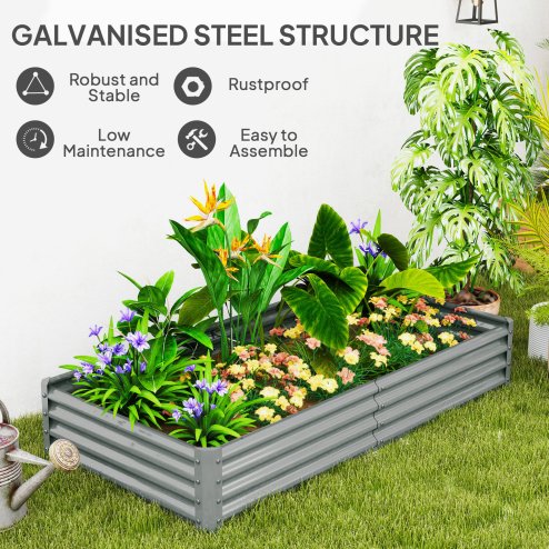 Outsunny Galvanised Raised Garden Bed, 180 x 90 x 30cm Raised Bed with Reinforcing Bars, Outdoor Raised Planter with Open Bottom for Vegetables, Flowers, Herbs, Silver
