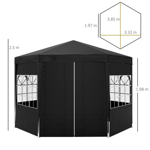 Outsunny 4m Hexagonal Gazebo Canopy Party Tent with 6 Removable Side Walls for Outdoor Event with Windows and Doors, Black