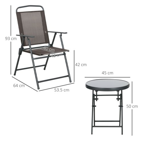 Outsunny Garden Bistro Set, 3 Pieces Table and Chairs Set, Outdoor Garden Furniture with Foldable Breathable Mesh Fabric Armchairs & Glass Top Coffee Table, Brown