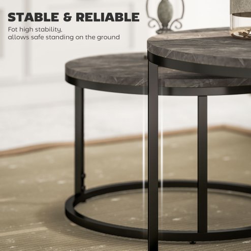 HOMCOM Round Nesting Coffee Table Set of 2, Large Stacking End Side Table with Steel Frame for Living Room, Bedroom, Home Office, 78.5 x 78.5 x 46.5 cm, Marble Dark Grey