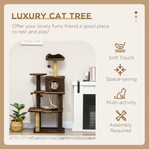 PawHut 136cm Cat Tree for Indoor Cats, Cat Tower with Scratching Posts, Hammock, Toy Ball, Cat House, Platforms - Brown