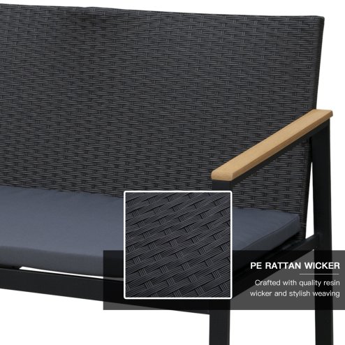 Outsunny 4 Pieces Rattan Garden Furniture Set, 4 Seater Garden Sofa Set with Loveseat, 2 Armchairs and Glass Top Coffee Table, Wicker Outdoor Conservatory Furniture with Cushions for Patio, Black