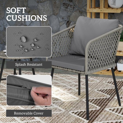 Outsunny 3 Piece Rattan Bistro Set, Patio Wicker Conversation Furniture Set with 2 Chairs, Tempered Glass Table, Cushions, Adjustable Foot Pads, for Garden, Balcony, Grey