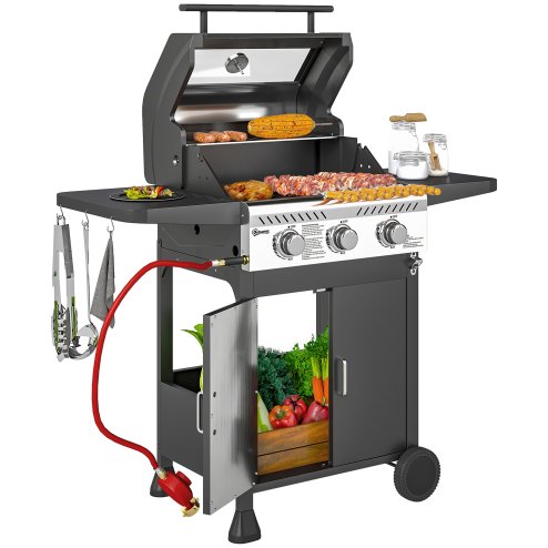 Outsunny 3 Burner Gas BBQ Trolley with See-through Lid, 7.5 kW Propane Gas Barbecue Grill with Thermometer, Wheels, Warming Rack, Shelves, Black