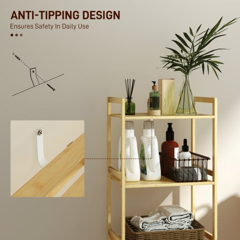 HOMCOM 3-Tier Bamboo Bathroom Storage Shelf, Freestanding Shelving Unit with Adjustable Rack for Kitchen Bathroom Living Room