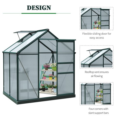 Outsunny 6 x 4ft Polycarbonate Greenhouse, Large Walk-In Green House with Slide Door and Window, Garden Plants Grow House with Aluminium Frame and Foundation, Dark Green