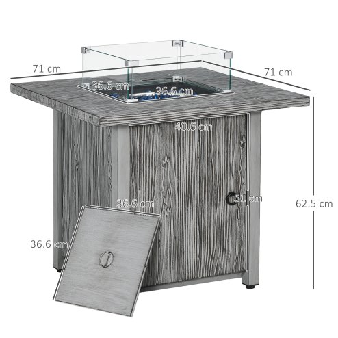 Outsunny Propane Gas Fire Pit Table for Garden, 40000 BTU Smokeless Firepit Outdoor Patio Heater with Waterproof Cover, Glass Screen, Glass Beads and Lid, Wood Effect, 71 x 71 x 62.5cm, Grey