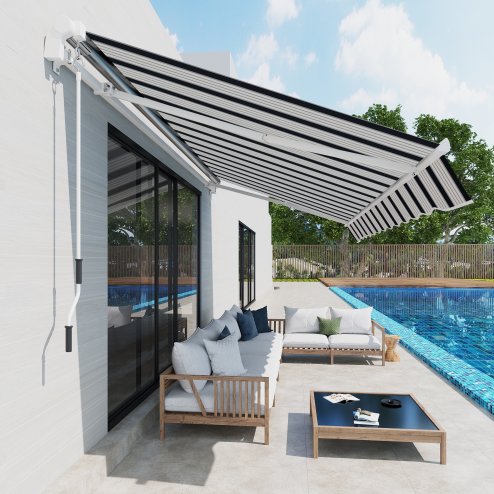 Outsunny 4 x 3(m) Garden Patio Manual Awning Canopy Aluminium Sun Shade Shelter Retractable for Backyard, Blue and White