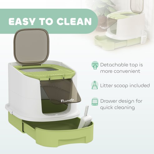 PawHut Cat Litter Tray with Lid, Cat Litter Box with Deodorisation Bags, Scoop, Top Entry, Litter Tray with Drawer Pan, Green
