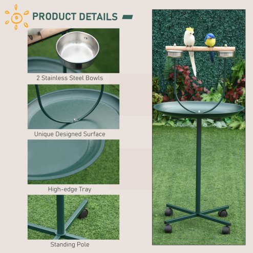 PawHut Bird Perch Stand, T-Stand Bird Training with Perch, Four Wheels, Feeding Bowls, Parrot Stand for Small, Medium Birds, Green