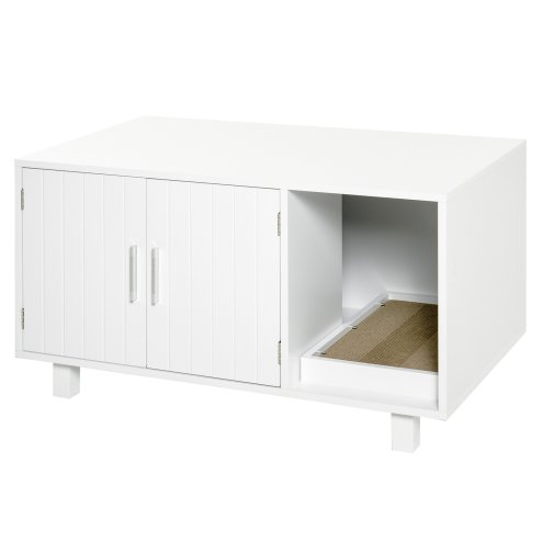 PawHut Wooden Cat Litter Box Enclosure & House with Nightstand/End Table Design, Scratcher, & Magnetic Doors, White Image