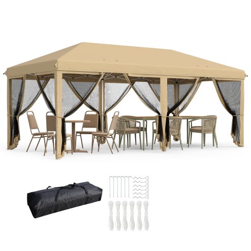 Outsunny 3 x 6m Pop Up Gazebo, Outdoor Canopy Shelter, Marquee Party Wedding Tent with 6 Mesh Walls and Carry Bag, Beige