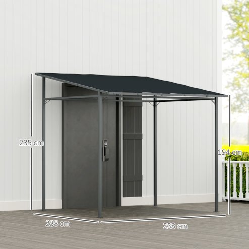 Outsunny 2.4 x 2.4 m Wall Mounted Pergola Gazebo with PA Coating Fabric and Metal Frame, UPF30+, Lean to Garden Gazebo, Wind Resistant Outdoor Sun Shade Shelter for Garden, Deck, Dark Grey