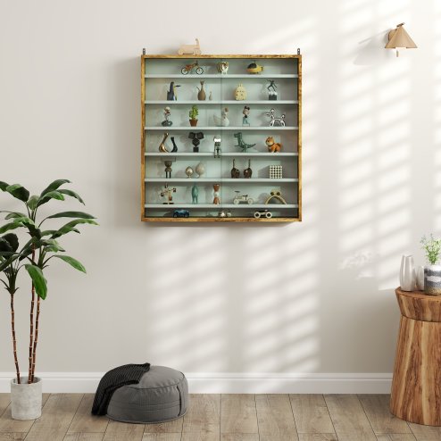 HOMCOM 7-Tier Wall Mounted Display Cabinet, Display Case with 6 Adjustable Shelves, Glass Doors for Home Office Ornaments 83x80cm, Rustic Brown