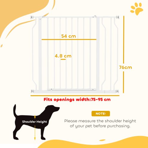 PawHut Dog Gate Wide Stair Gate w/ Door Pressure Fit Pets Barrier for Doorway, Hallway, 76H x 75-95W cm - White