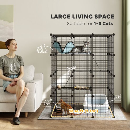 PawHut Cat Cage Indoor, DIY 4 Tier Wire Cat Enclosure with Hammock, Ramps, Doors, Jumping Platforms, Detachable Catio Indoor for 1-3 Cats, 105 x 105 x 140 cm, Black