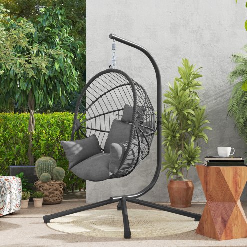 Outsunny Outdoor Swing Chair with Thick Padded Cushion, Patio Hanging Chair with Metal Stand, Foldable Basket Egg Chair with Cup Holder, Rope Structure, for Indoor and Outdoor, Grey