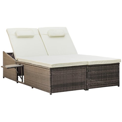 Outsunny Double Rattan Sun Lounger, Garden Daybed with 5-Level Adjustable Backrest and Flip Side Trays, Wicker Outdoor Furniture Recliner with Cushions and Pillows for Patio, Cream White