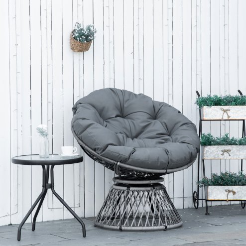 Outsunny 360 Swivel Rattan Papasan Moon Bowl Chair Round Lounge Garden Wicker Basket Seat with Padded Cushion Oversized for Outdoor Indoor, Grey