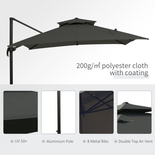 Outsunny 2.7 x 2.7(m) Cantilever Parasol with Aluminium Frame, Crank and Tilt, 360-Degree Rotation, Double Top Garden Umbrella with Base and Cover, Dark Grey