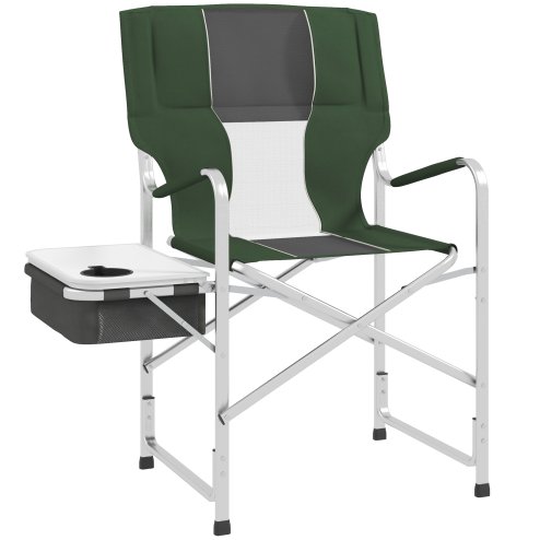Outsunny Aluminium Directors Chair, Folding Camping Chair for Adults with Side Table, Cup Holder, Cooler Bag and Pocket, Up to 120 kg, Green
