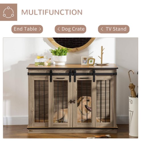 PawHut Dog Crate Furniture for Large Dog, Double Dog Cage for Small Dogs with Divider, Sliding Doors - Oak Tone