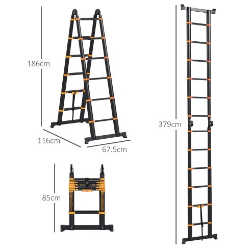 HOMCOM 3.8M Duo Aluminium Ladder with 12 Non-Slip Steps, Tool Holder Herringbone Deployed Extendable DIY with Climbing Platform, Yellow
