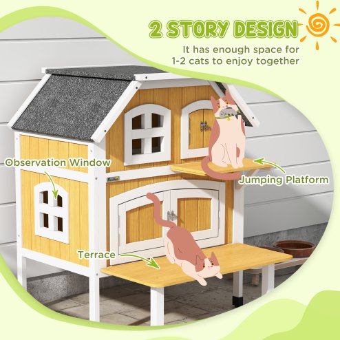 PawHut Wooden Outdoor Cat House, 2 Tiers Cat Shelter with Openable Asphalt Roof, Removable Panel, Escape Doors, Jumping Platform, Terrace, for 1-2 Cats - Yellow