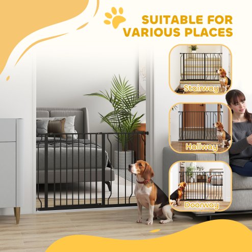 PawHut Dog Gate Wide Stair Gate w/ Door Pressure Fit Pets Barrier for Doorway, Hallway, 76H x 75-115W cm - Black