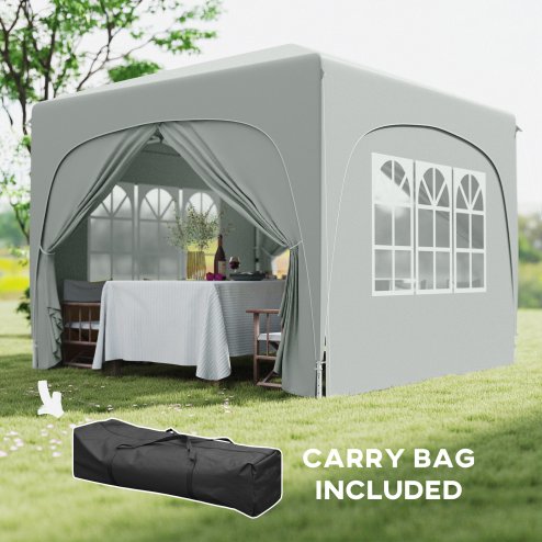 Outsunny 3 x 3(m) Pop Up Gazebo with Sides and Carry Bag, UPF50+, Height Adjustable Party Tent Instant Event Shelter for Garden, Outdoor, Patio, Light Grey