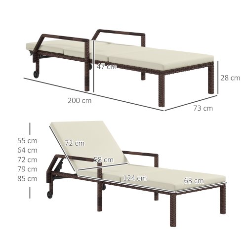 Outsunny Outdoor PE Rattan Sun Lounger, 5-Level Adjustable Backrest Wicker Outdoor Chaise Recliner, Garden Chair with 2 Wheels, Cream White