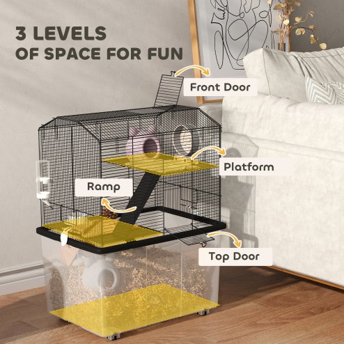 PawHut Hamster Cage, Gerbil Cage 3 Tier with Wheels, Deep Bottom, Ramps, Food Dish, Water Bottle, for Dwarf, Syrian, 57 x 43 x 74cm - Black