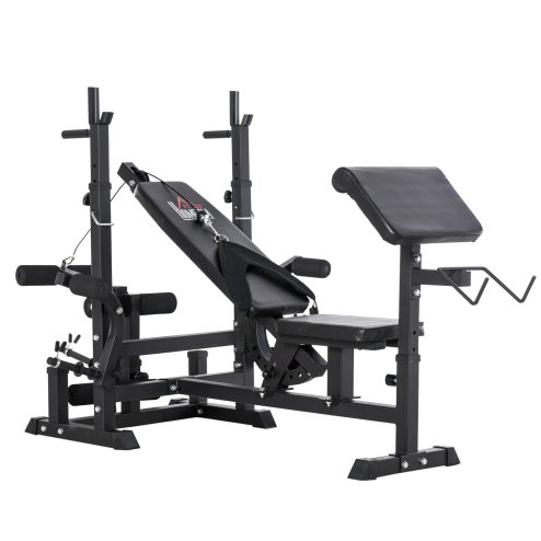 HOMCOM Multi-Exercise Full-Body Weight Rack with Bench Press, Leg Extension, Chest Fly Resistance Band & Preacher Curl Image