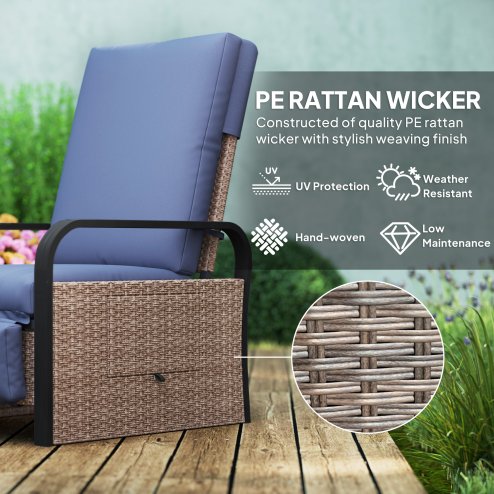 Outsunny Rattan Garden Recliner Chair, Reclining Rattan Chair with Adjustable Backrest and Footrest, Outdoor Lounge Sun Lounger with Cushion, Side Tray and Aluminium Armrests, Brown/Blue