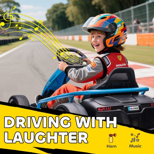 HOMCOM 24V Electric Go Kart for Kids, Drifting Ride-On Racing Go Kart with Slow Start, Music, Horn Honking and Safety Belt, for 8-12 Years Old, Blue