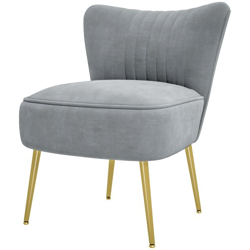 HOMCOM Armless Accent Chair, Upholstered Velvet Lounge Chair with Gold Tone Steel Legs for Bedroom, Living Room, Grey